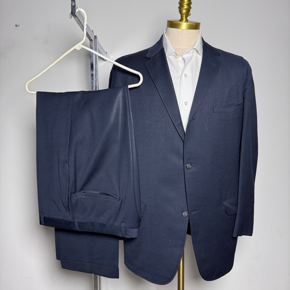 1970s Kingsridge Suit‎ Mens 42R 34x30 Navy Blue Solid Vintage 3-Button